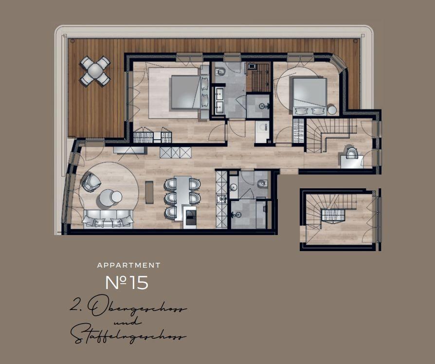 Appartement Nr 15 mit zwei Schlafzimmern, Küche und Wohnbereich auf zwei Etagen