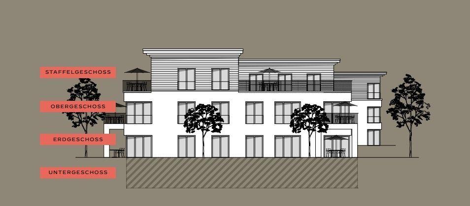 Architekturzeichnung eines mehrstöckigen Gebäudes mit markierten Etagen und Bäumen