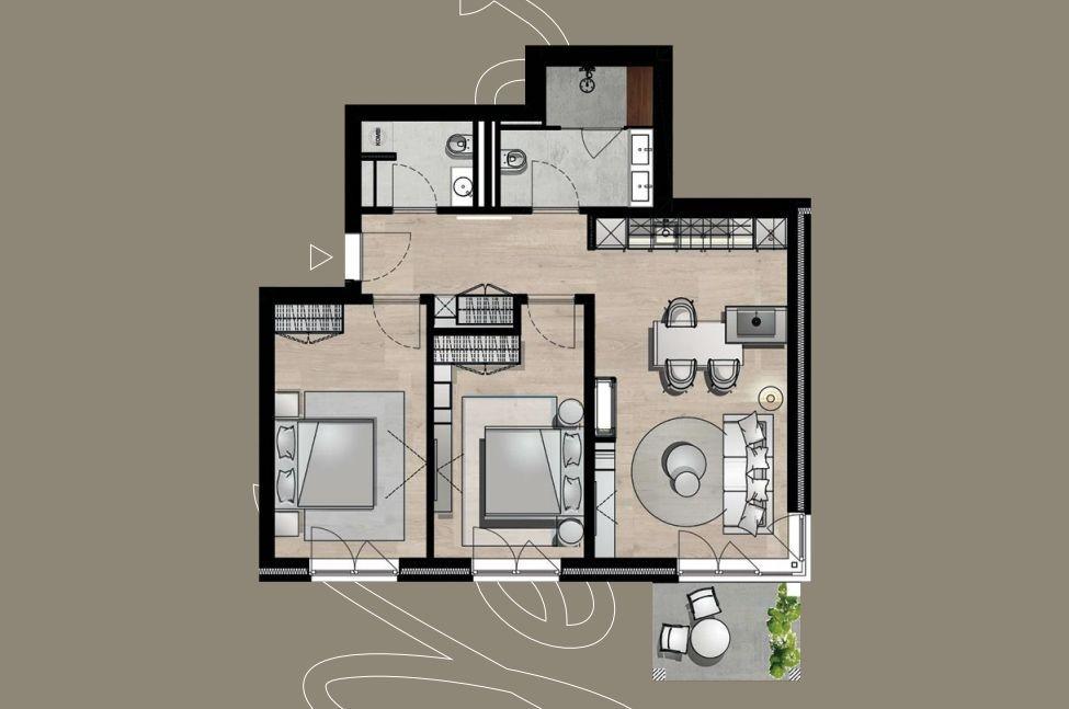 Dreizimmer-Wohnung mit Küche, Bad und Balkon. Flur und Essbereich sind eingerichtet.