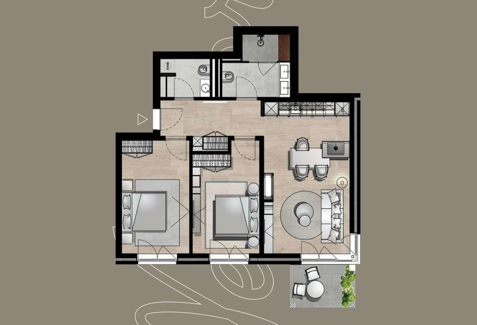 Dieses Apartment hat zwei Schlafzimmer, eine Küche, ein Bad und einen Balkon.
