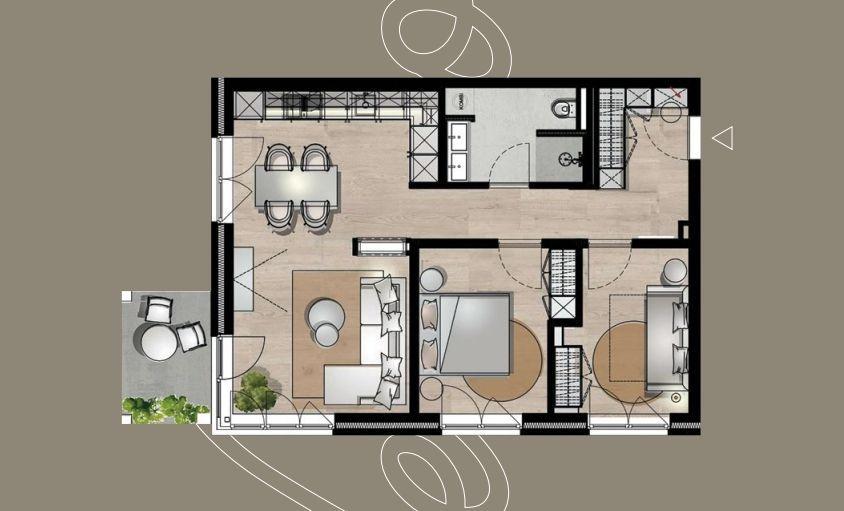 Dieses Haus hat eine Küche, ein Esszimmer, zwei Schlafzimmer und ein Badezimmer.