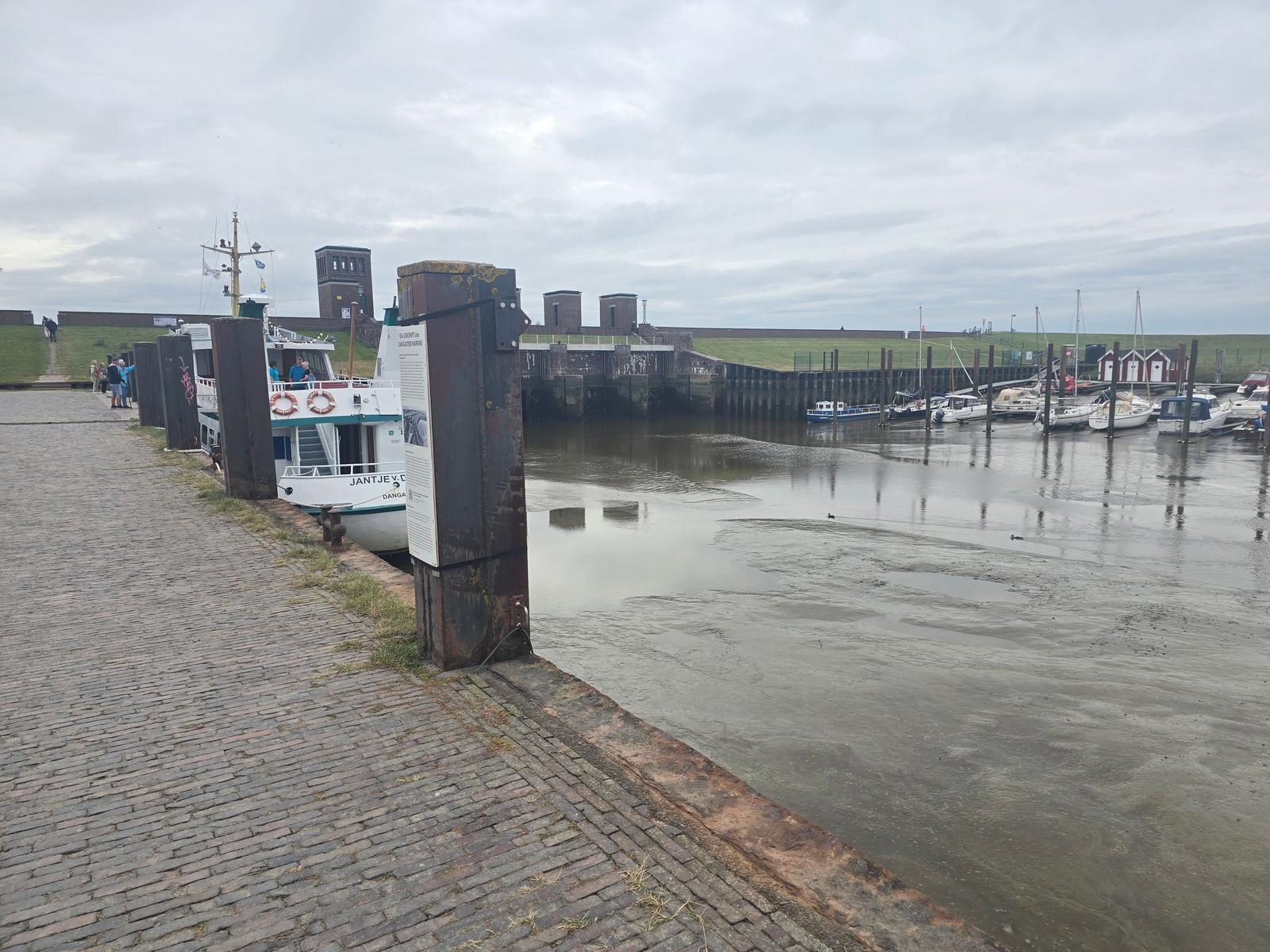 Hafen mit Booten und Steg. Im Hintergrund sind Gebäude und Grasflächen zu sehen.