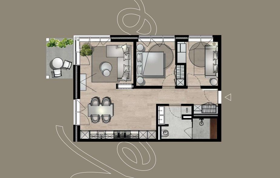 Die Wohnung hat eine Küche, ein Esszimmer, ein Wohnzimmer und zwei Schlafzimmer.