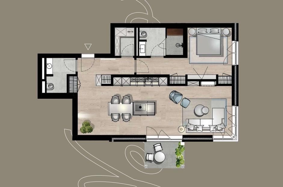 This apartment has a kitchen, dining room, living room, bedroom, and bathroom.