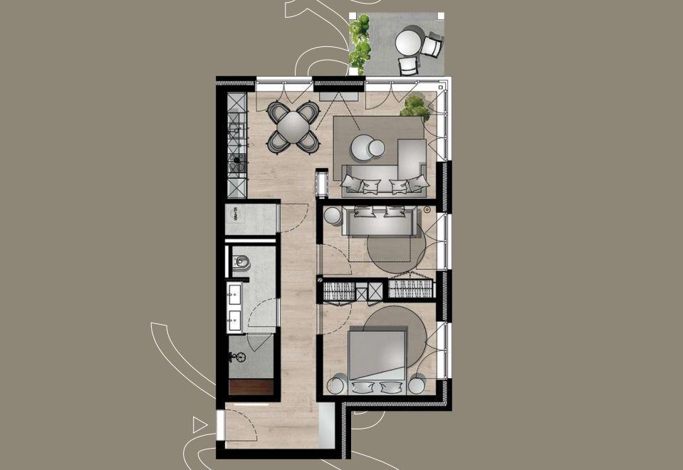 Detaillierte Grundrisszeichnung einer Wohnung mit Küche, Wohnzimmer, Schlafzimmer und Bad.