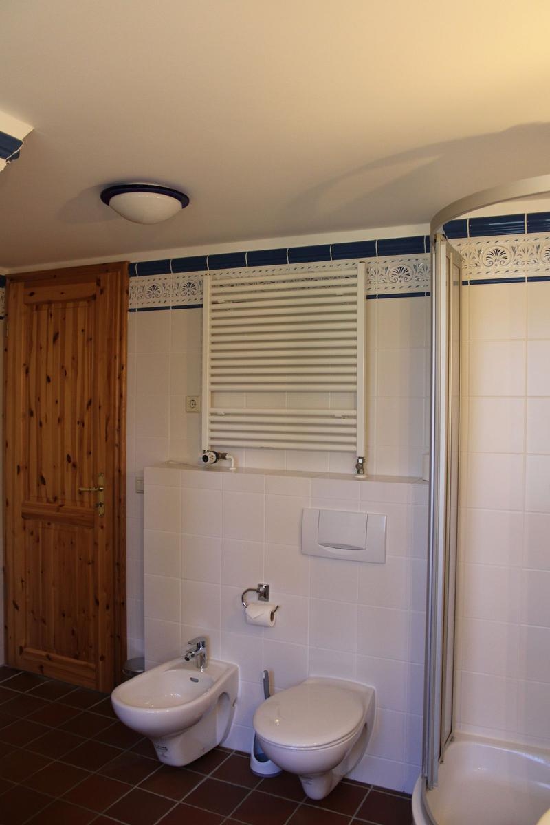 Badezimmer mit Toilette, Bidet und Dusche. Holztür und Heizkörper an der Wand.