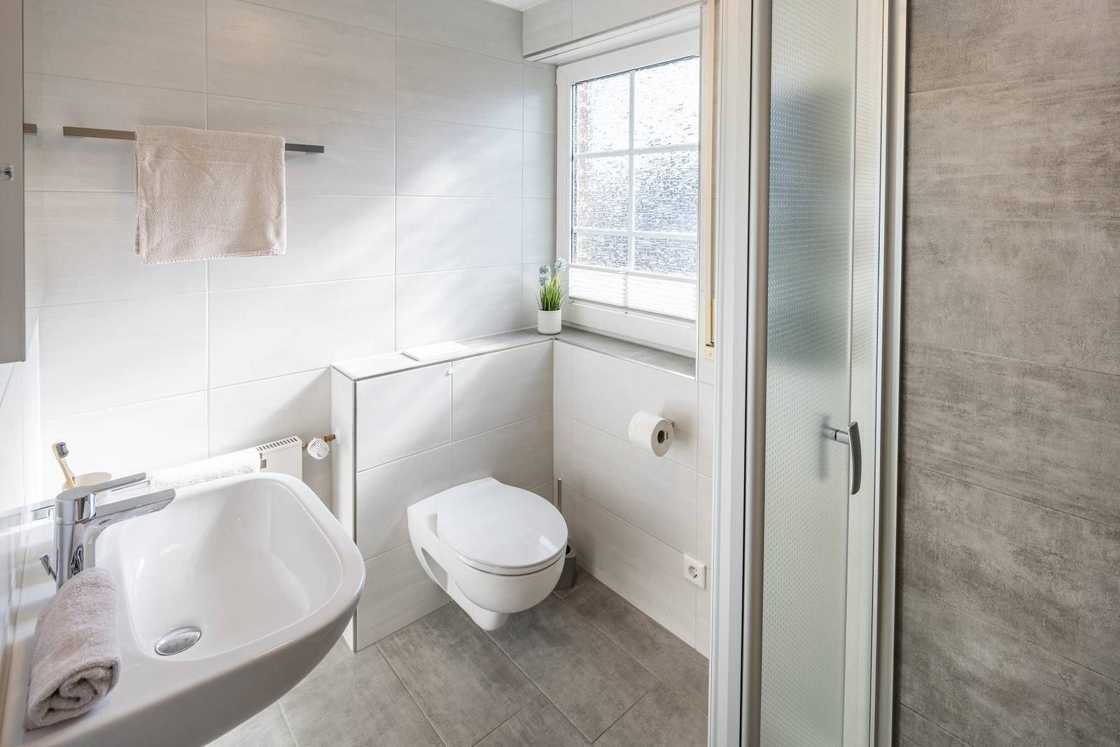 Badezimmer mit Waschbecken, Toilette und Dusche. Fenster mit Pflanze und Handtuchhalter.