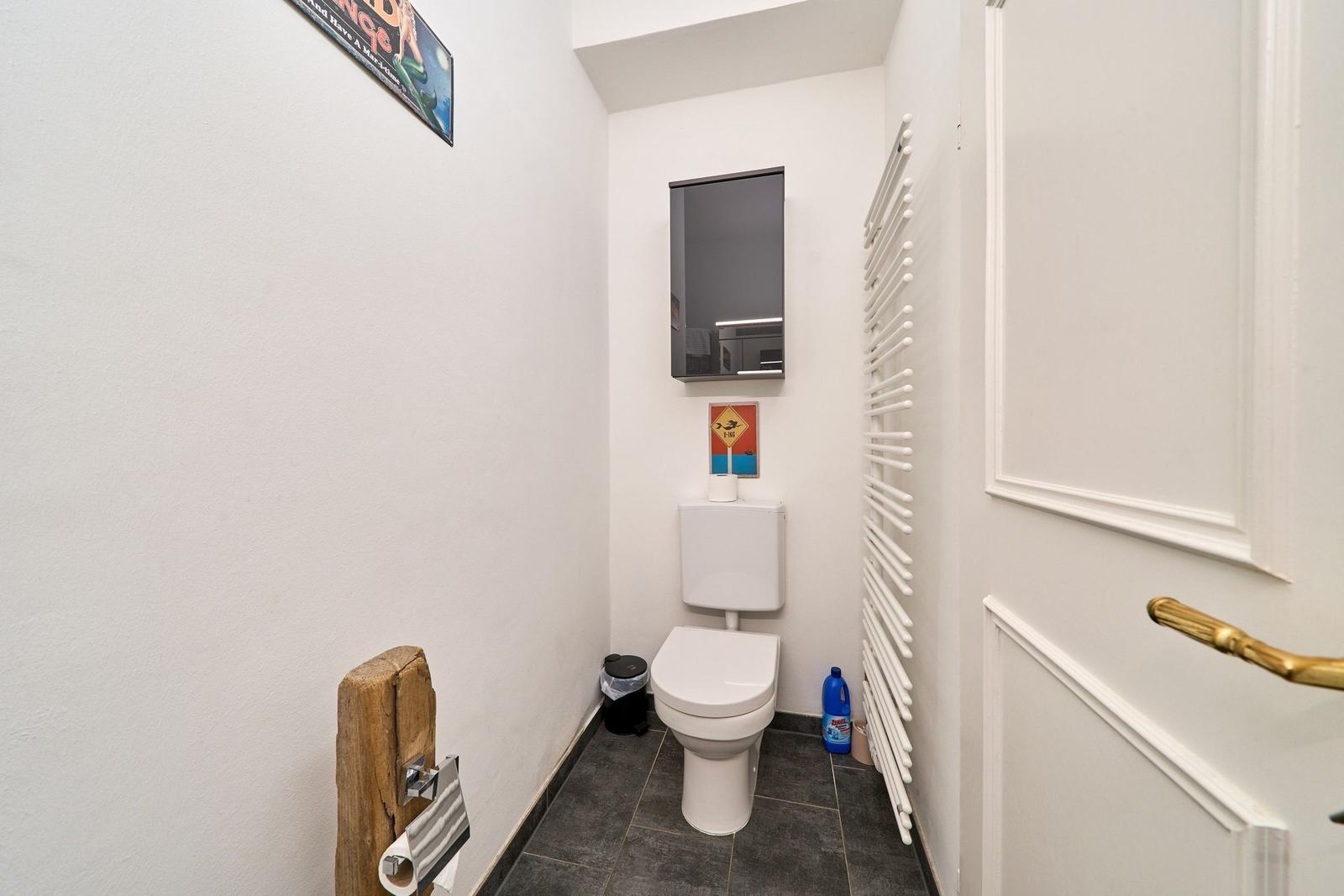 Ein kleines Badezimmer mit Toilette, Spiegelschrank und Heizkörper.