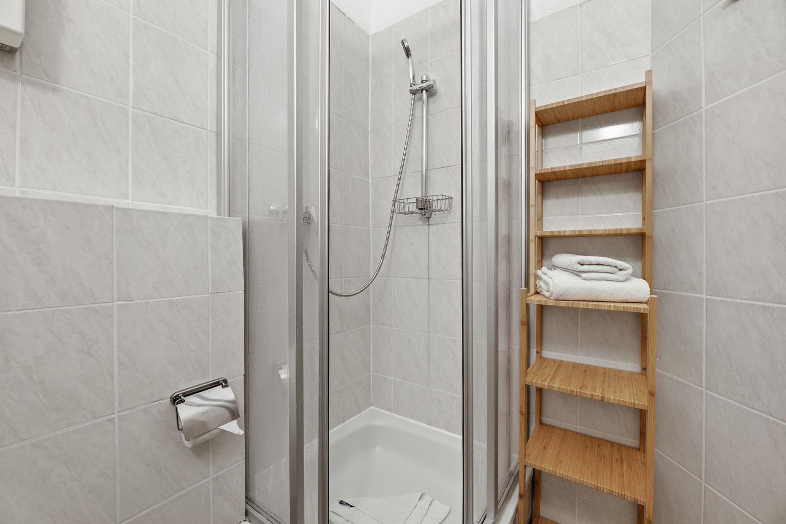 Shower with glass enclosure, wooden shelf, and toilet paper holder on wall.