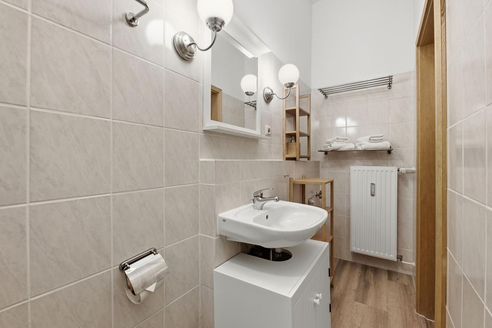 Bathroom with sink, mirror, and towel rack.