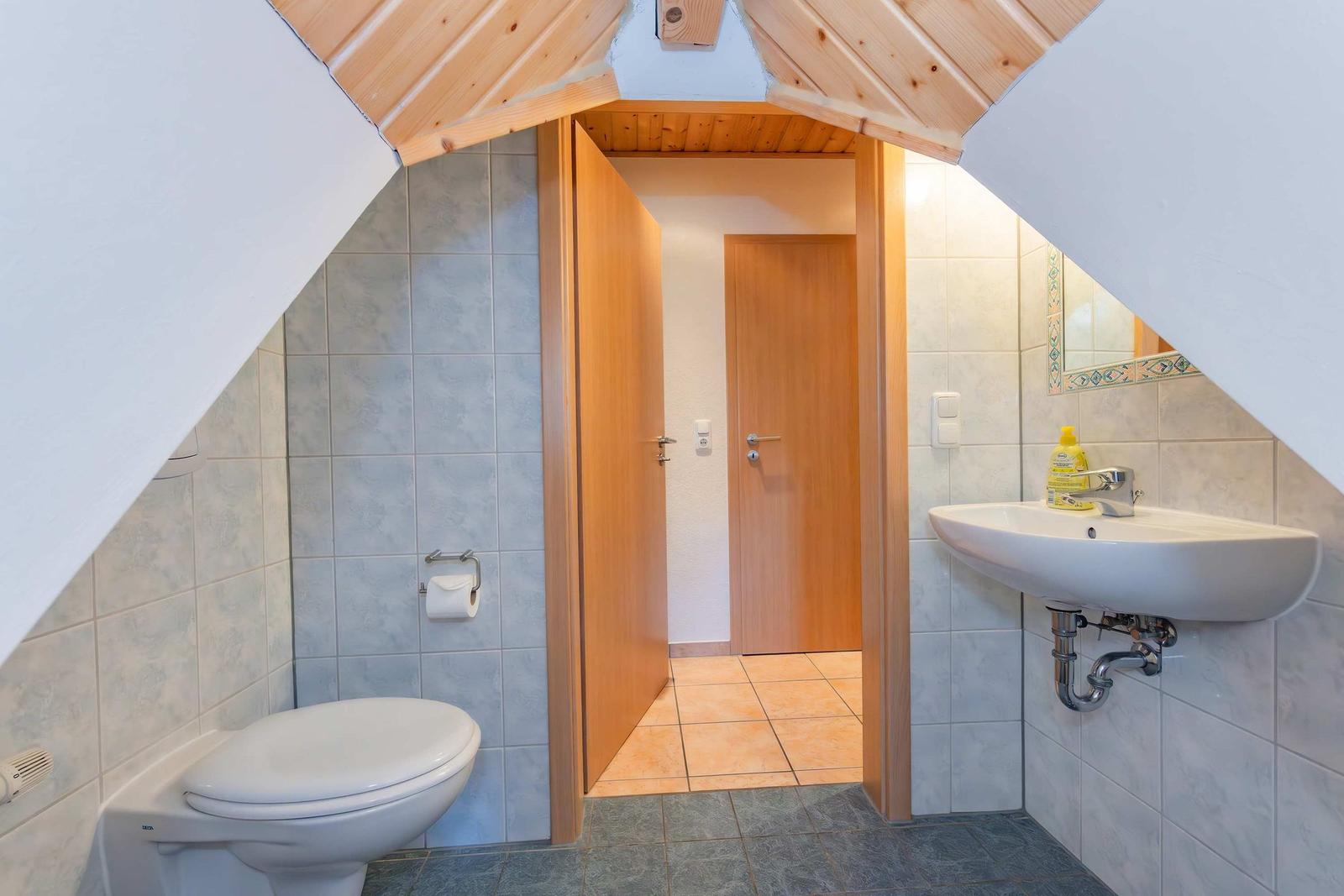 Badezimmer mit Toilette, Waschbecken und Dusche unter Dachschrägen.