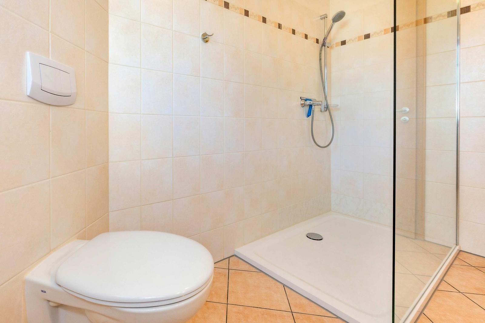Dusche mit Glaswand, Toilette und Wandsteckdose in Badezimmer