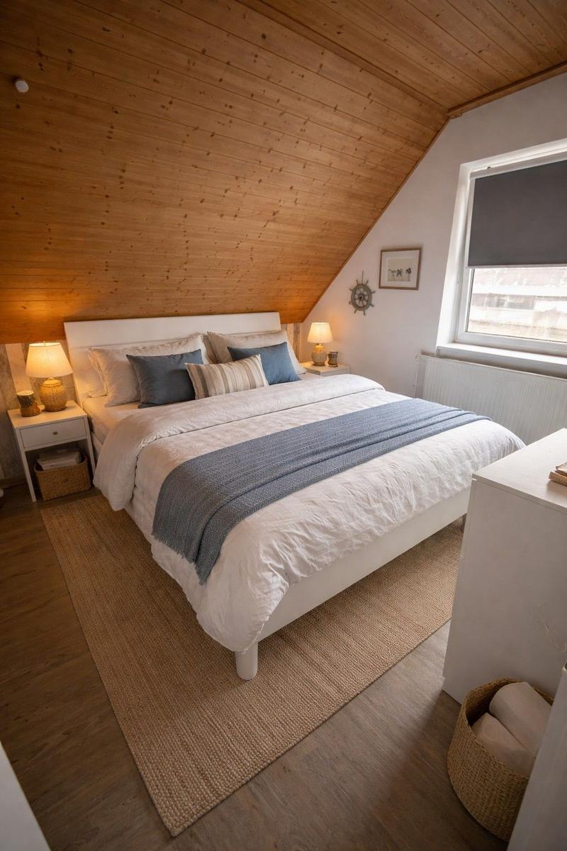 Schlafzimmer mit Holzdecke, weißem Bett und Fenster mit Rollladen.