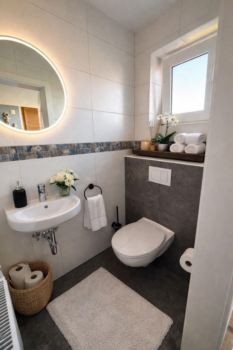 Badezimmer mit Waschbecken, Toilette und Fenster. Weiße Wandfliesen und dunkler Boden.