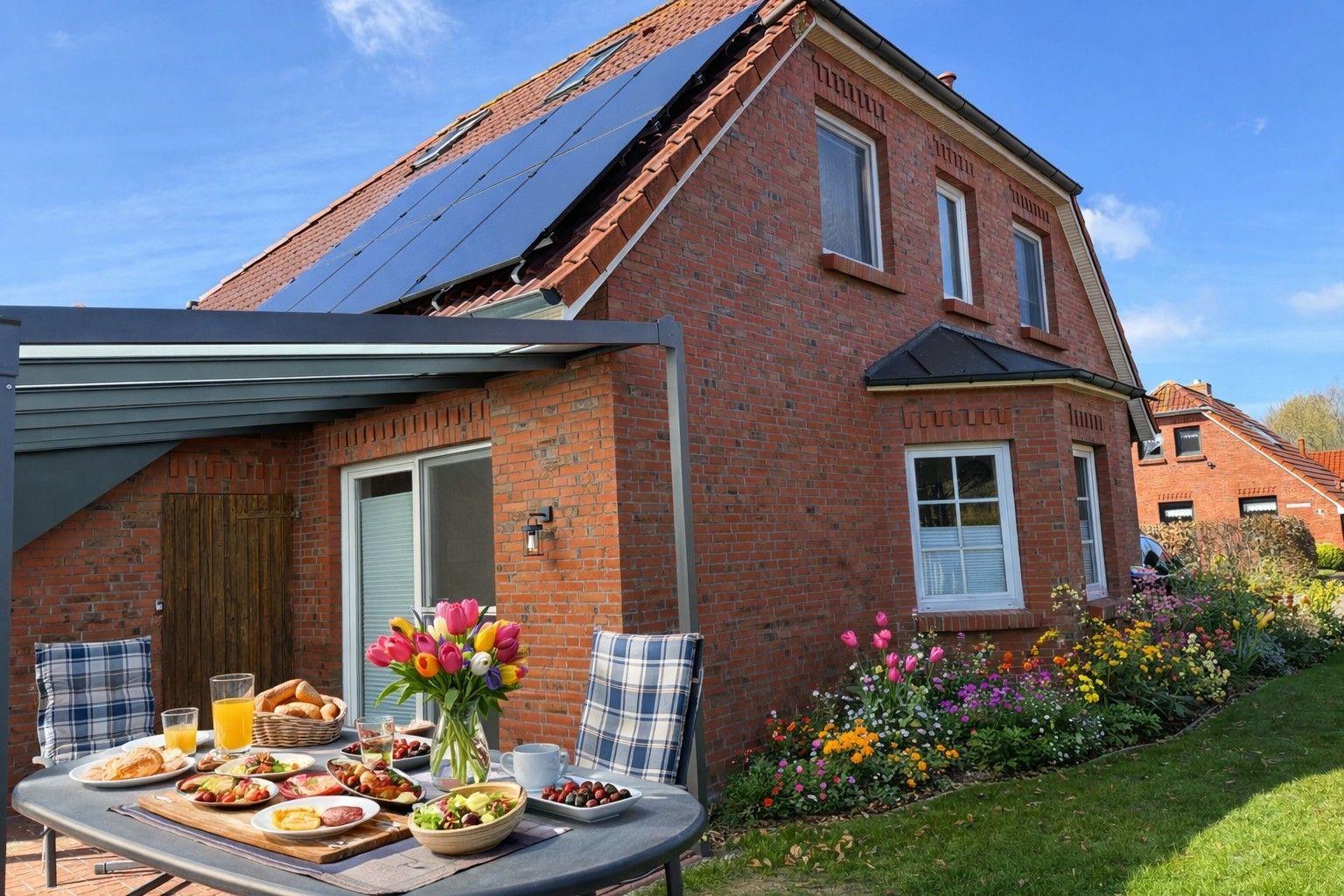Roter Backsteinhaus mit Solaranlage. Garten mit Blumen und gedeckter Terrasse.