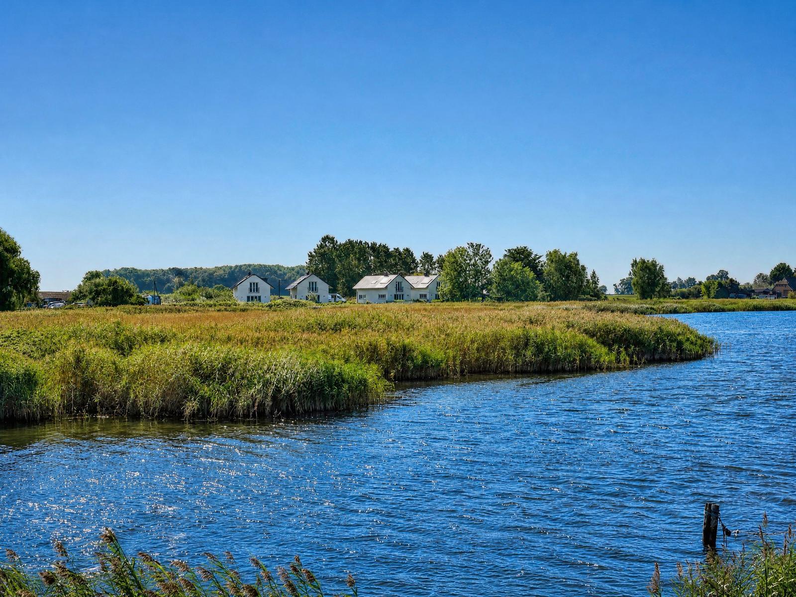 Häuser am Ufer eines Sees mit Grasland und Bäumen im Hintergrund unter blauem Himmel.