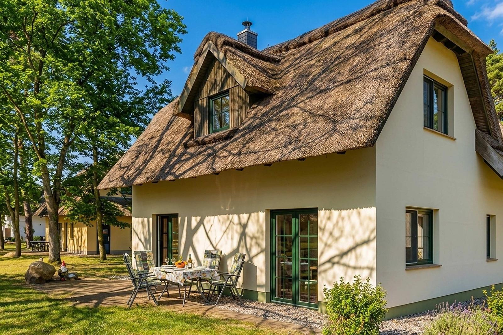 Haus mit Strohdach, Terrasse mit Tisch und Stühlen, umgeben von Bäumen und Gras.