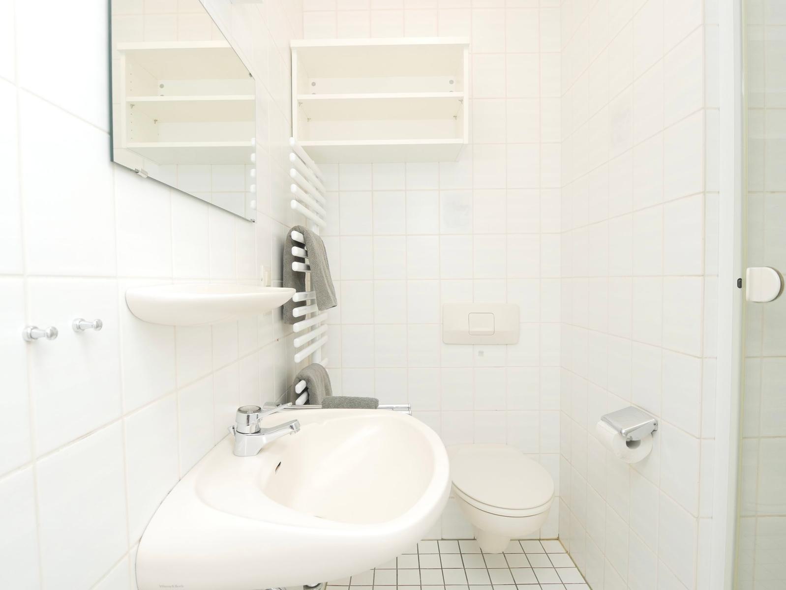 Badezimmer mit Waschbecken, Toilette und Dusche. Weiße Fliesen und Handtuchhalter.