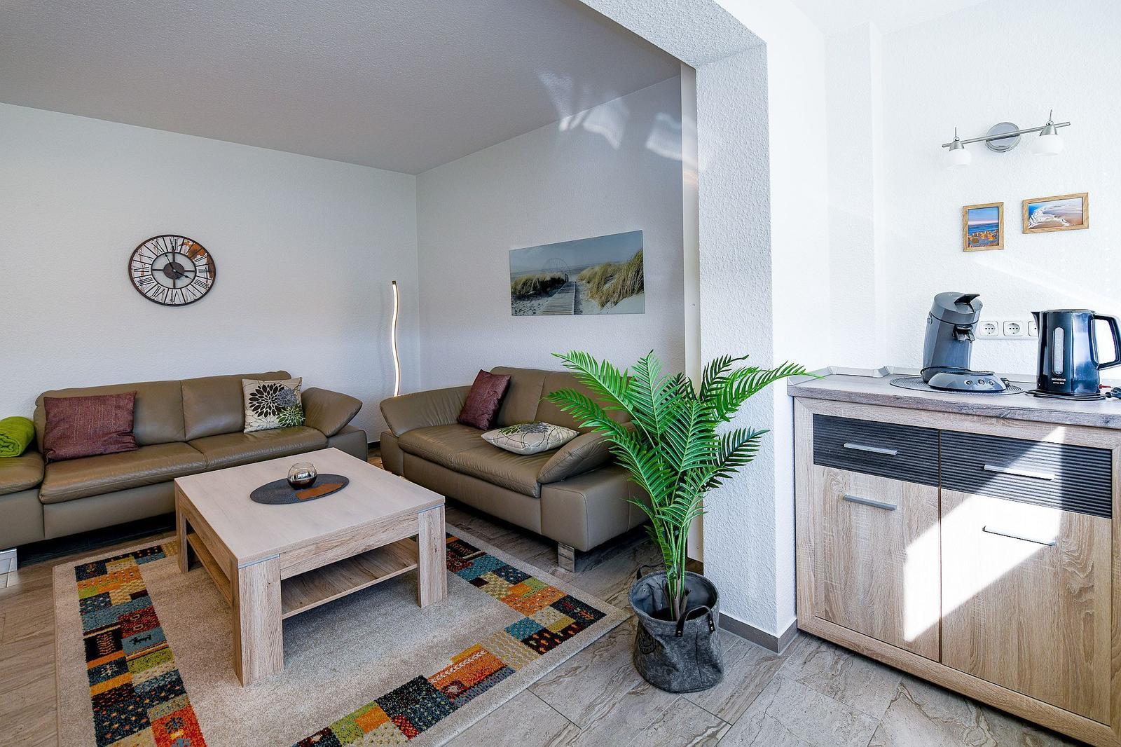 Wohnbereich mit zwei Sofas, Tisch, Pflanze und Küchenzeile mit Kaffeemaschine.