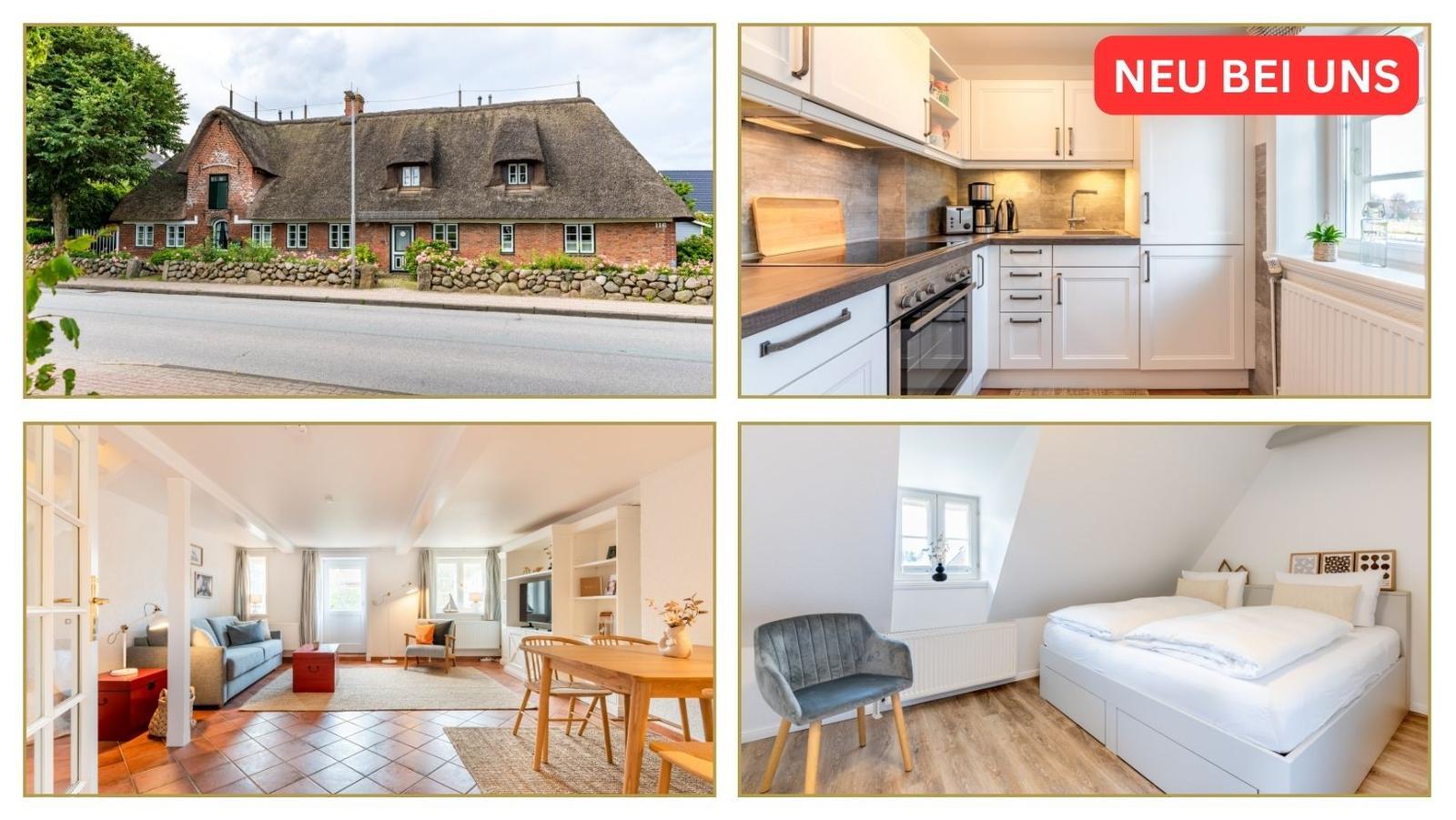 Traditionelles Haus mit Dachstuhl, Küche, Wohnzimmer und Schlafzimmer mit Dachschrägen.