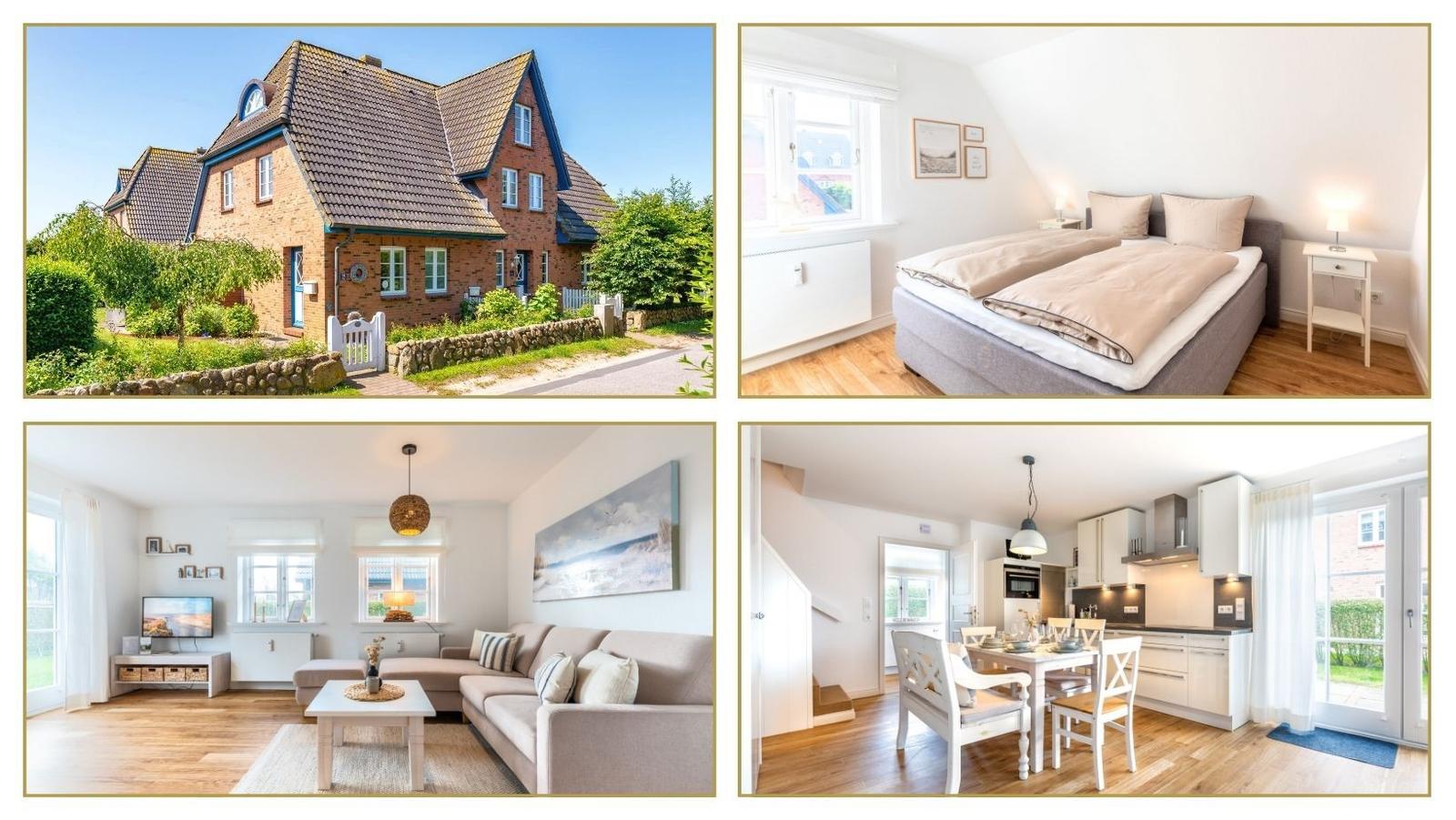 Haus mit Garten, Schlafzimmer, Wohnzimmer und Küche mit Essbereich.