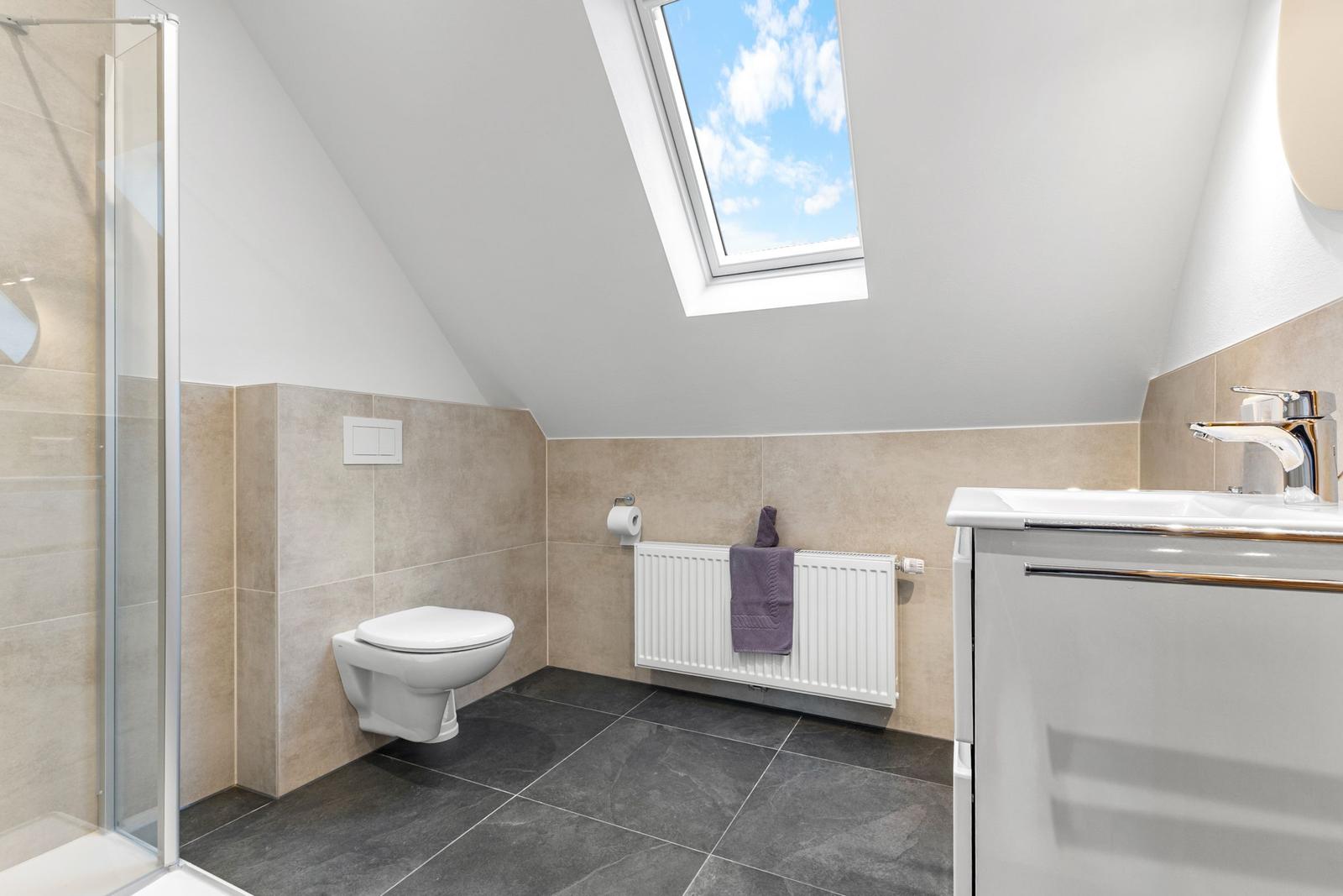 Badezimmer mit Dusche, WC und Waschbecken unter Dachschräge mit Dachfenster.