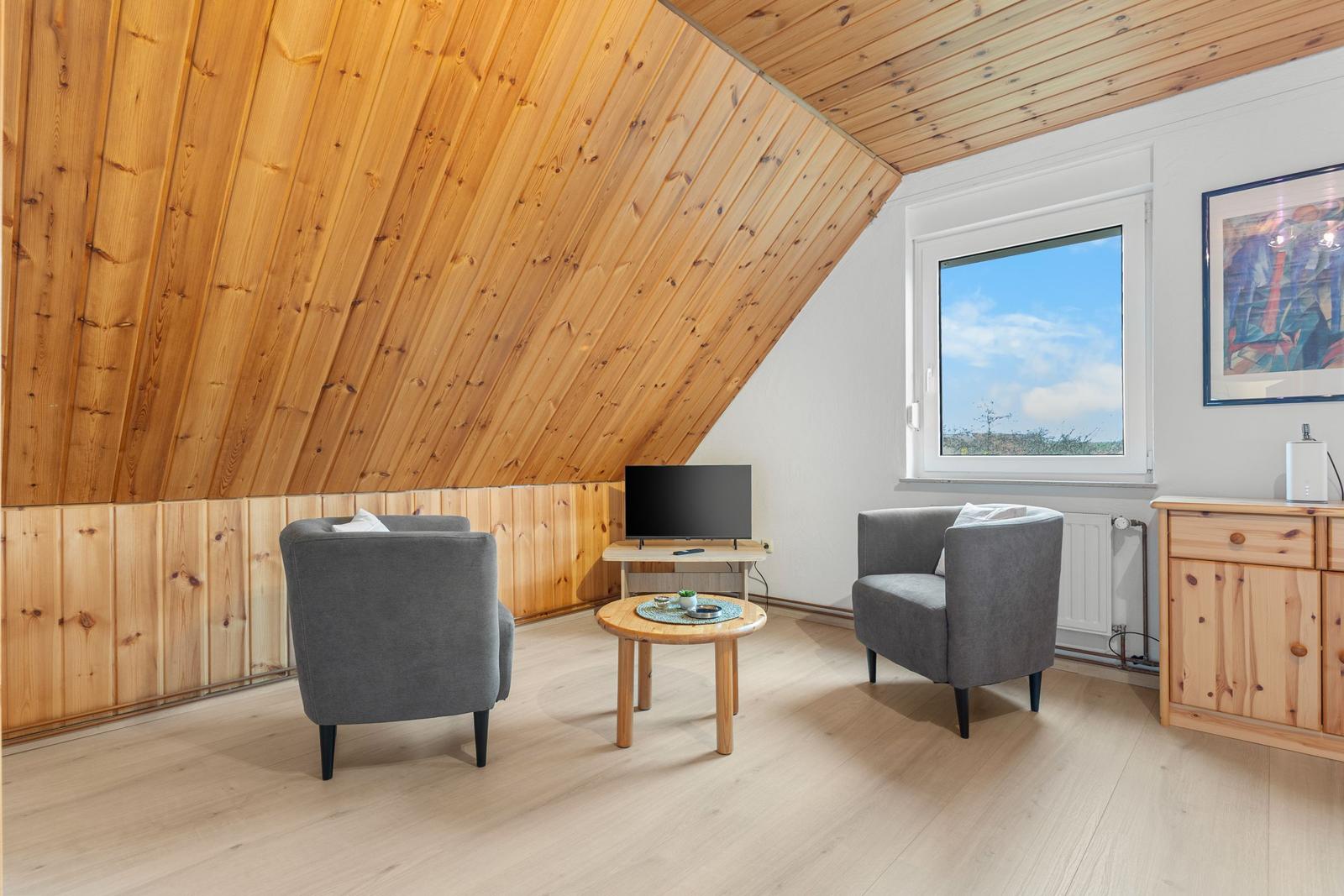 Zimmer mit Holzwand, zwei Sesseln, TV und Fenster mit Blick.