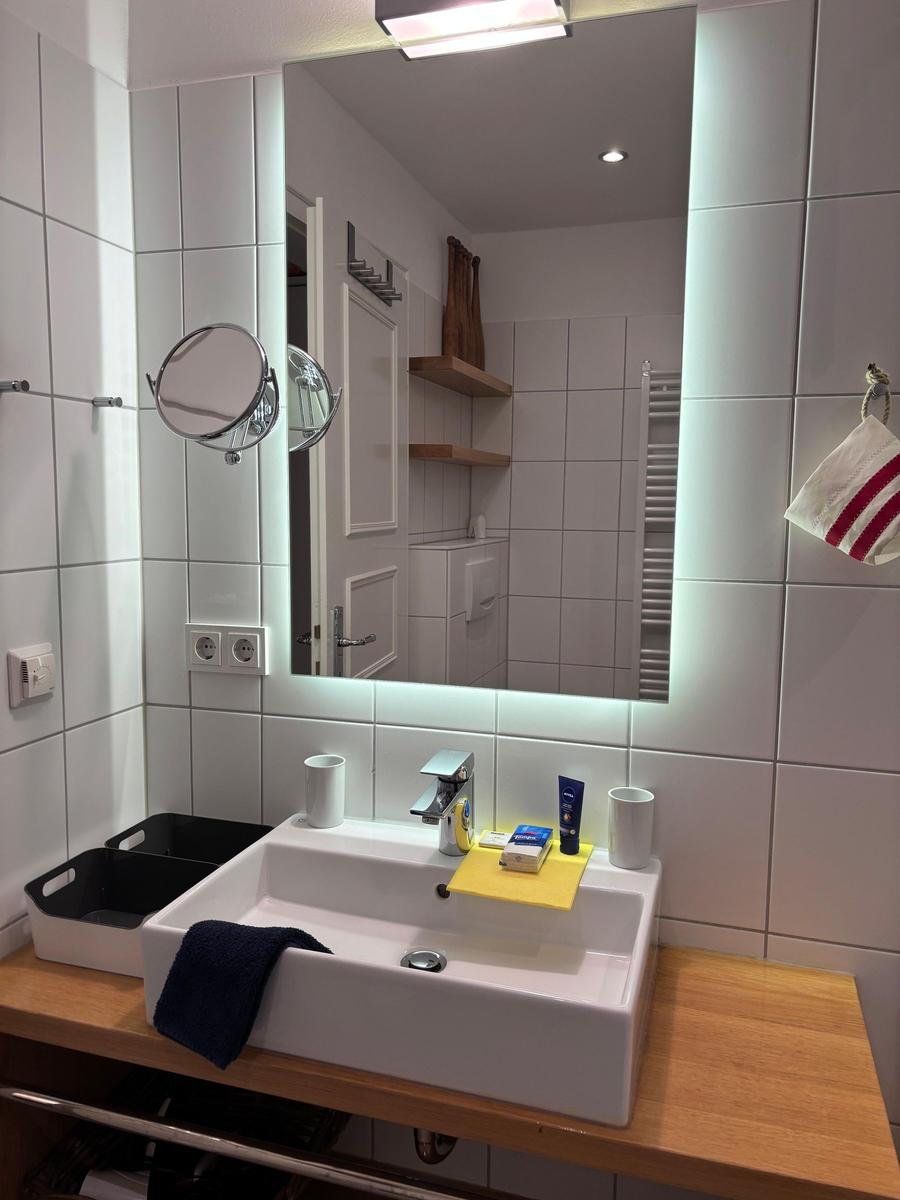 Bathroom with sink, mirror, and wooden countertop.