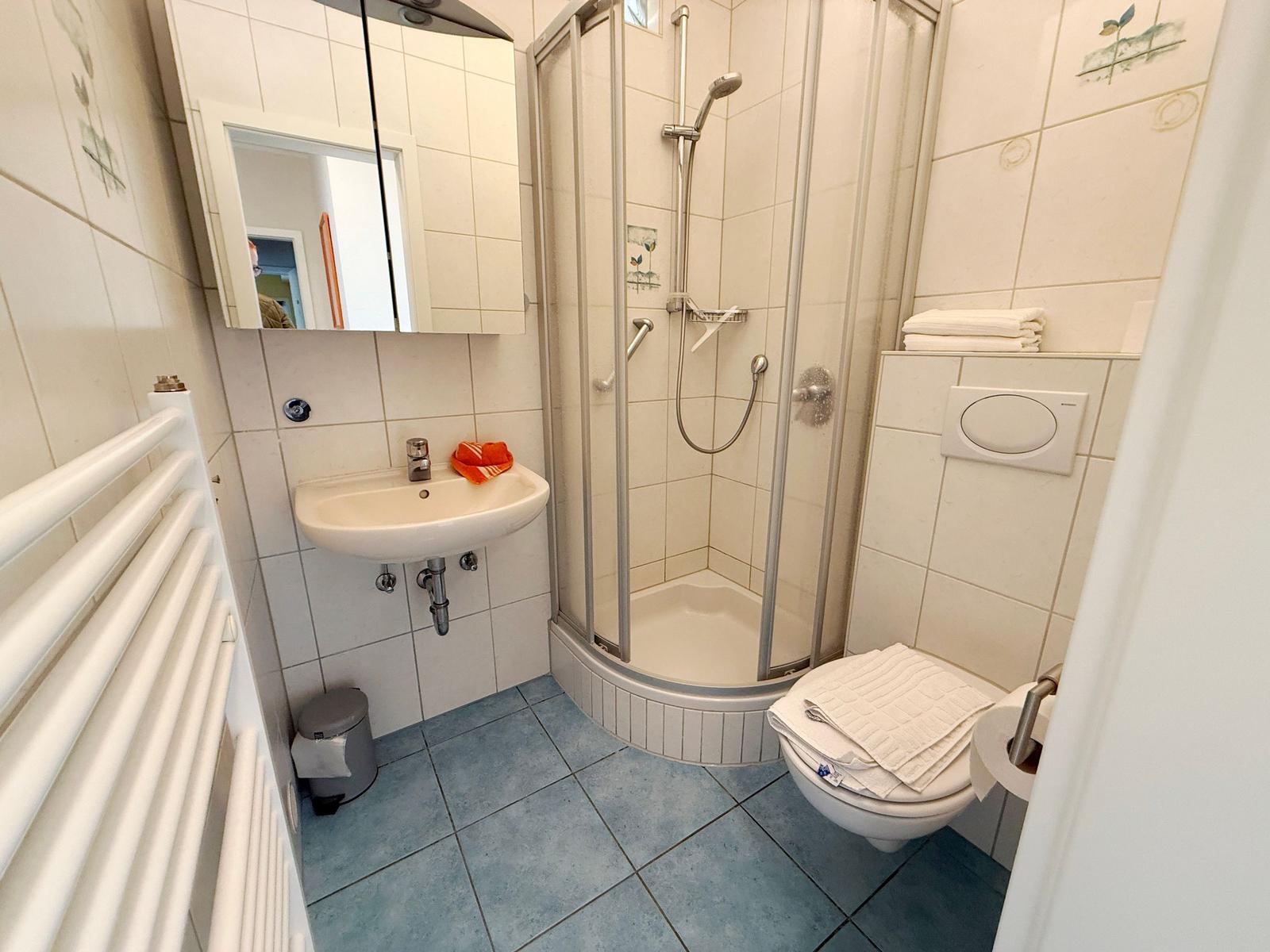 Badezimmer mit Dusche, Toilette und Waschbecken. Fliesenboden und Spiegelschrank.