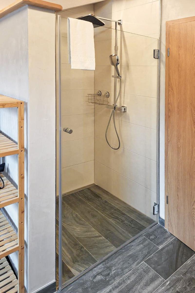 Dusche mit Glaswand, Duschbrause und Handbrause. Holzregal und Holztür sichtbar.