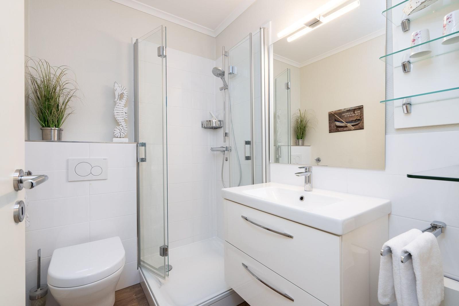 Bathroom with shower, sink, and toilet. Glass shelves and plant are visible.