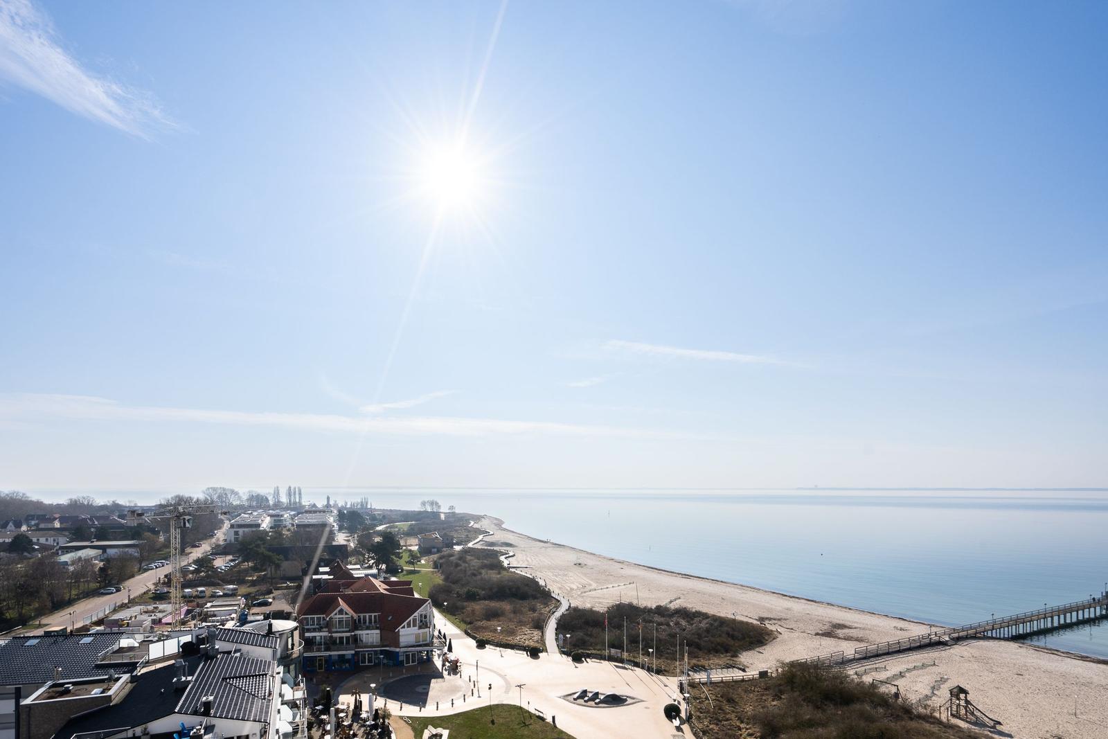 Panoramic view of beach and sea under bright sunshine.