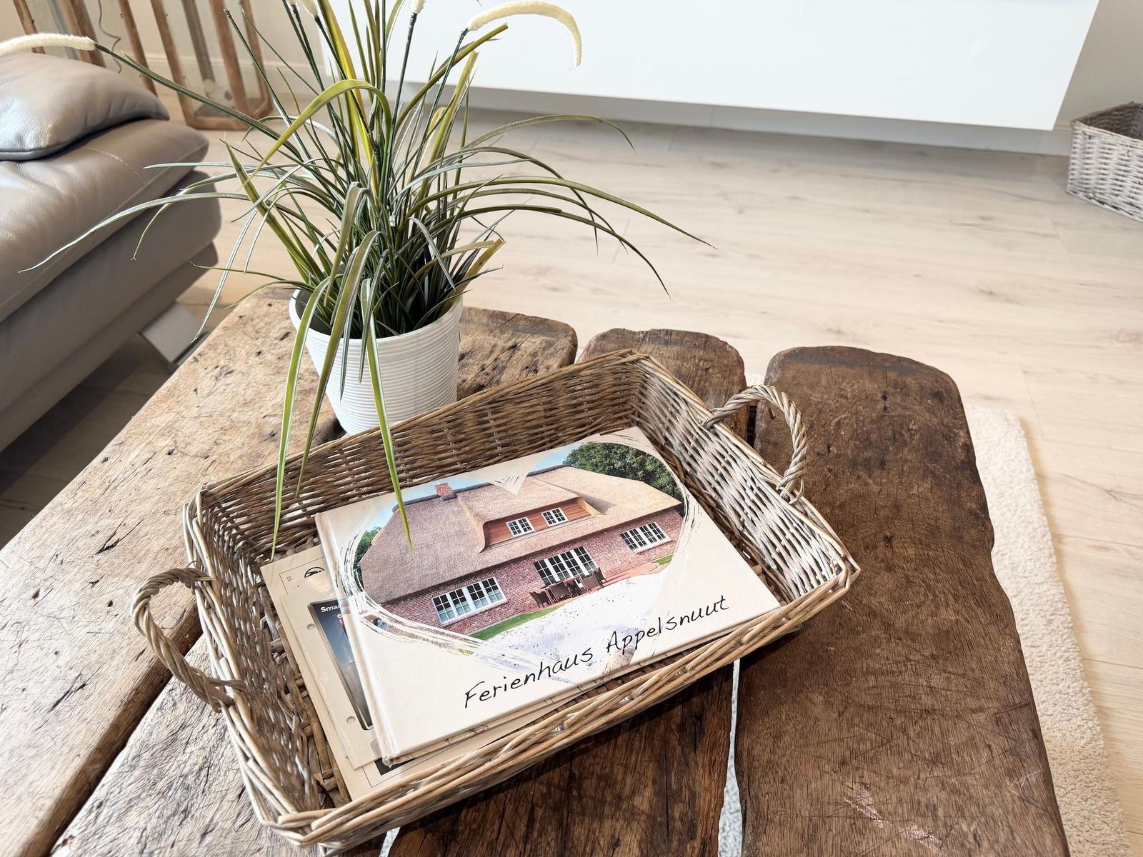 Holztisch mit Korb, Pflanze und Ferienhaus-Broschüre.