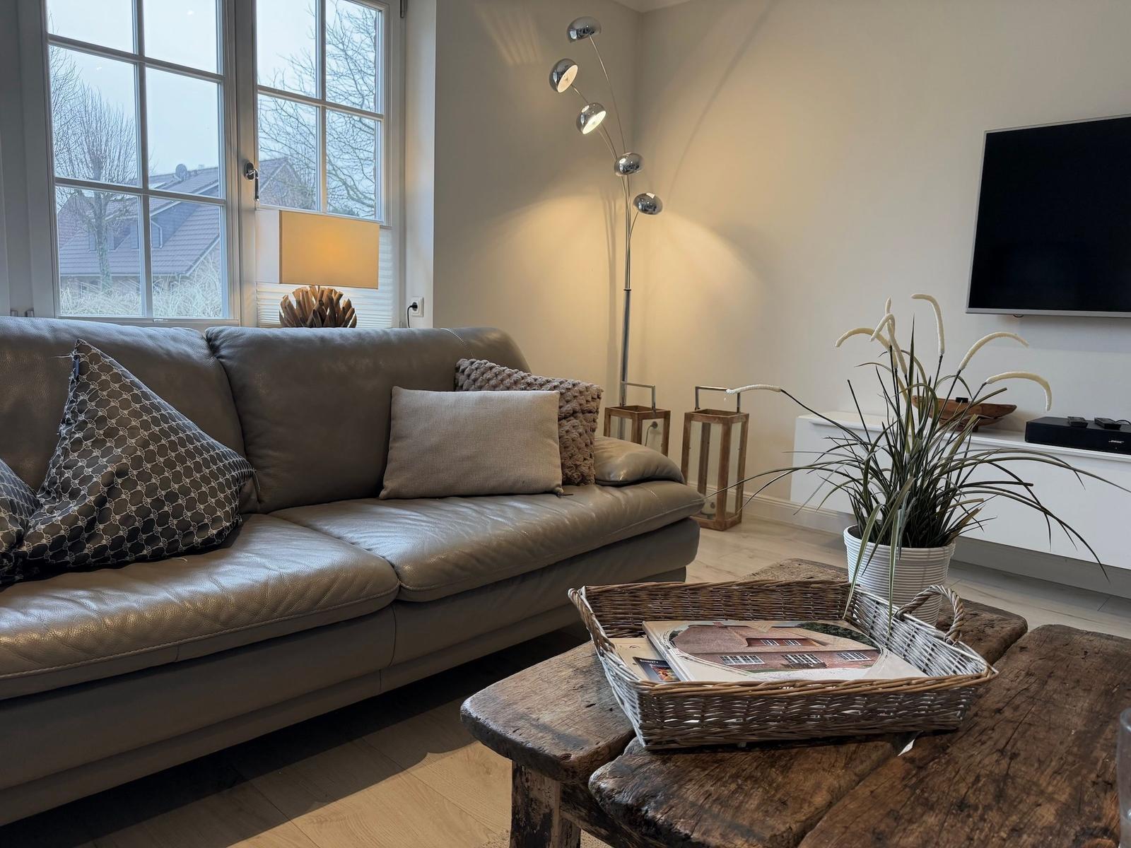 Ein Wohnzimmer mit Sofa, Couchtisch und Fernseher. Fenster, Pflanze und Stehlampe sind sichtbar.