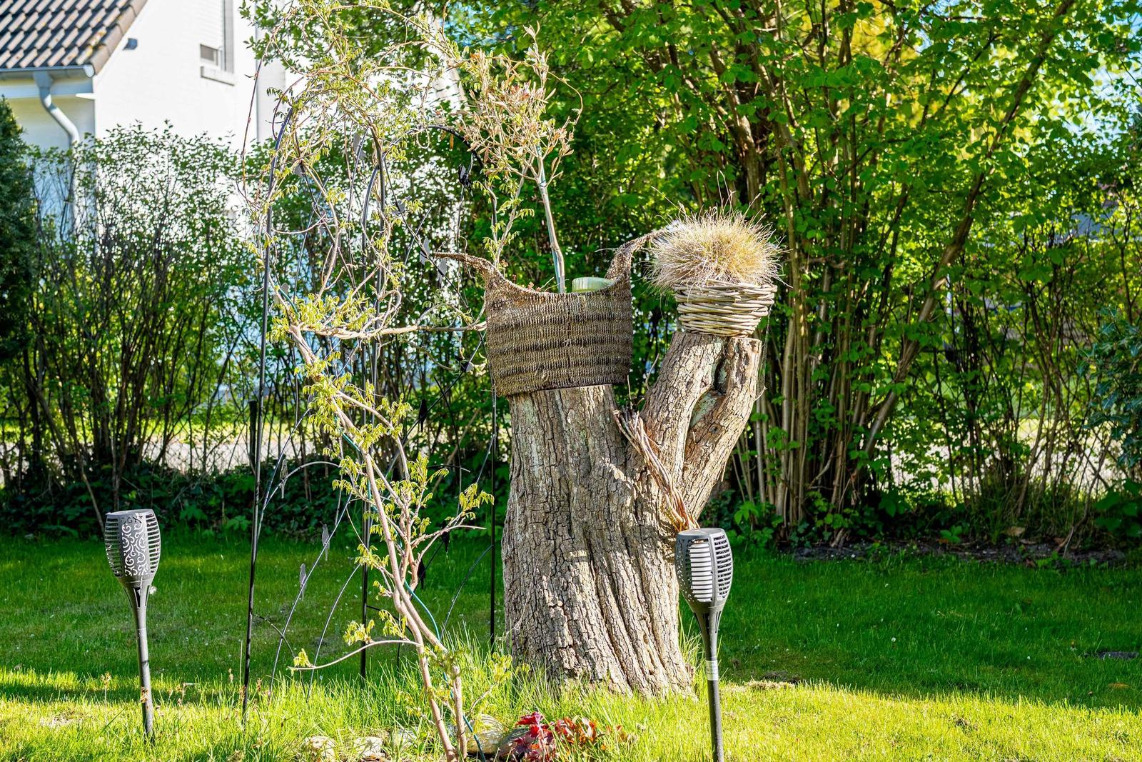 Garten mit Baumstumpf, Körben und Gartenlampen. Gras und Sträucher im Hintergrund.