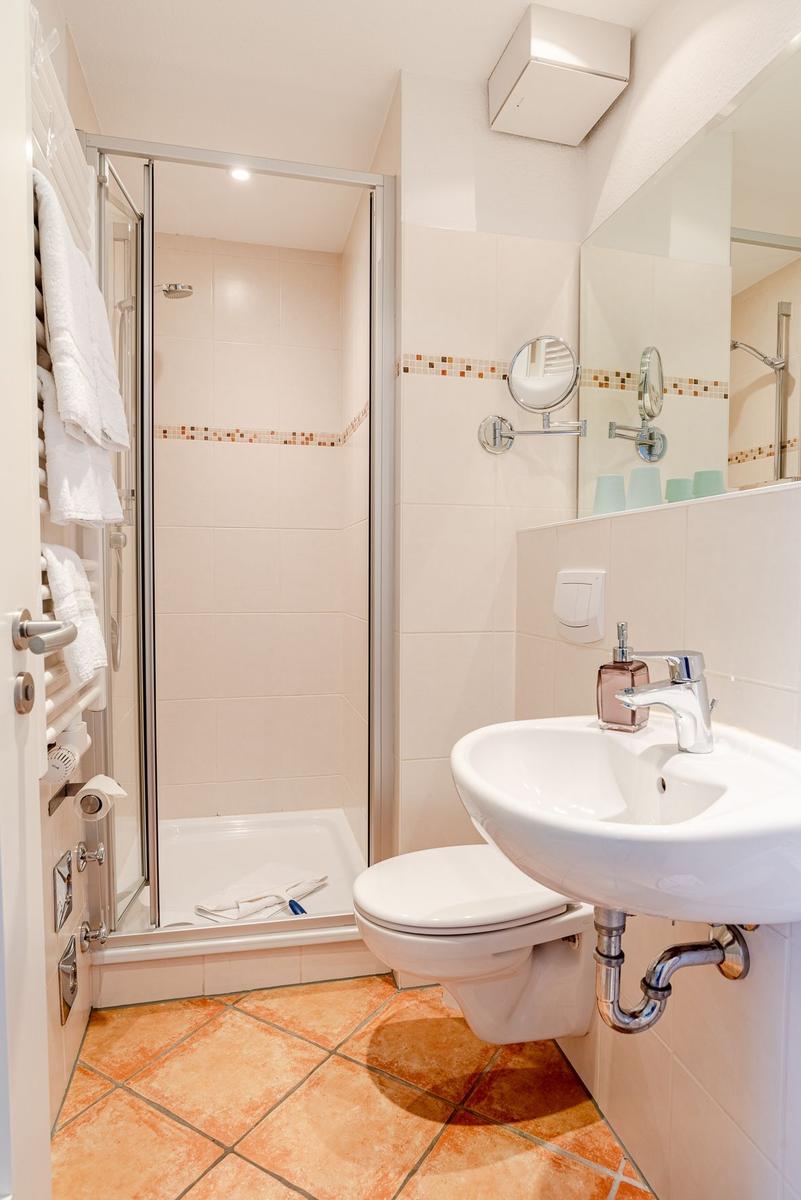 Badezimmer mit Dusche, Waschbecken und Toilette. Bodenfliesen und Spiegel sichtbar.