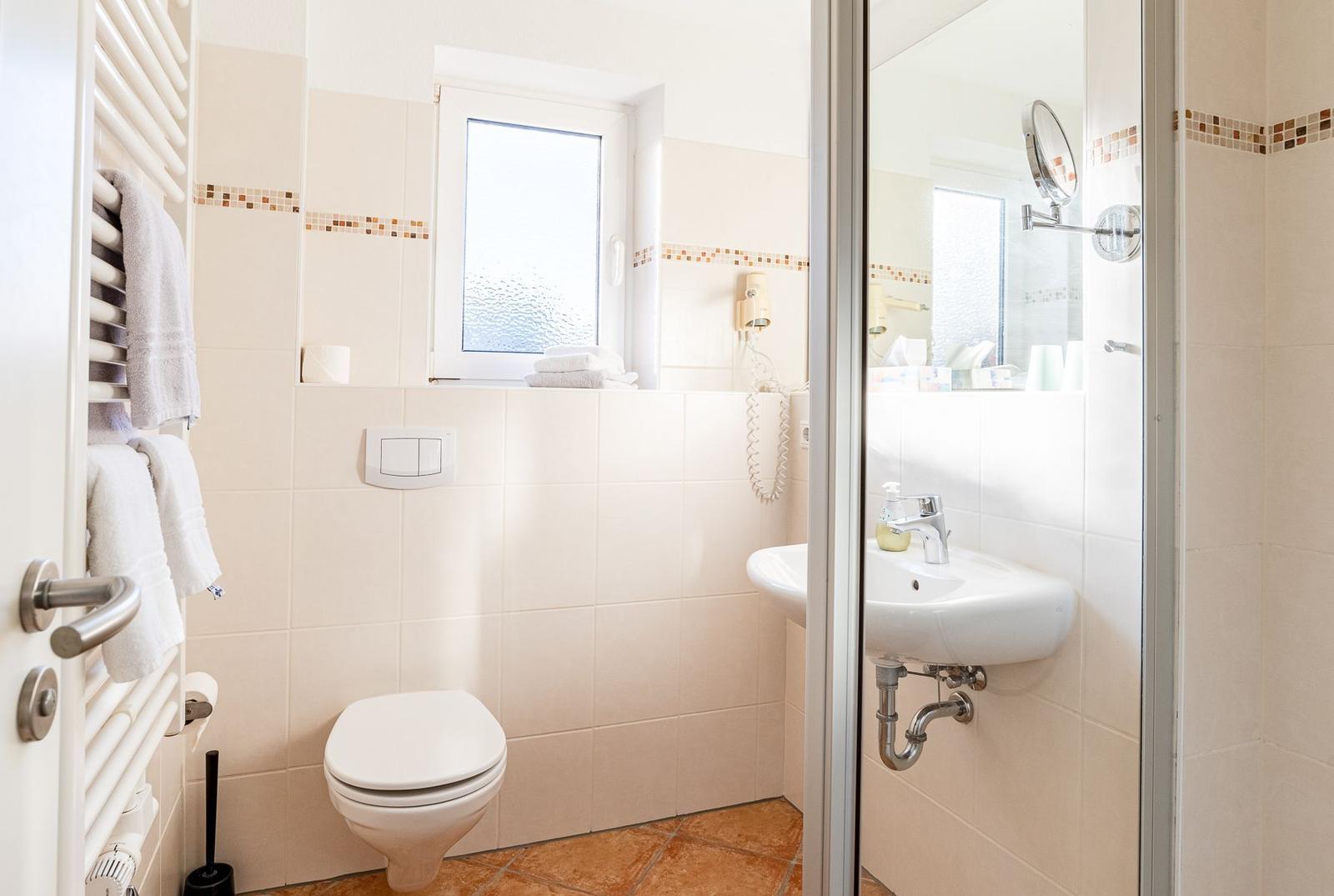 Badezimmer mit Toilette, Waschbecken und Dusche. Fenster, Handtuchhalter und Spiegel sind vorhanden.