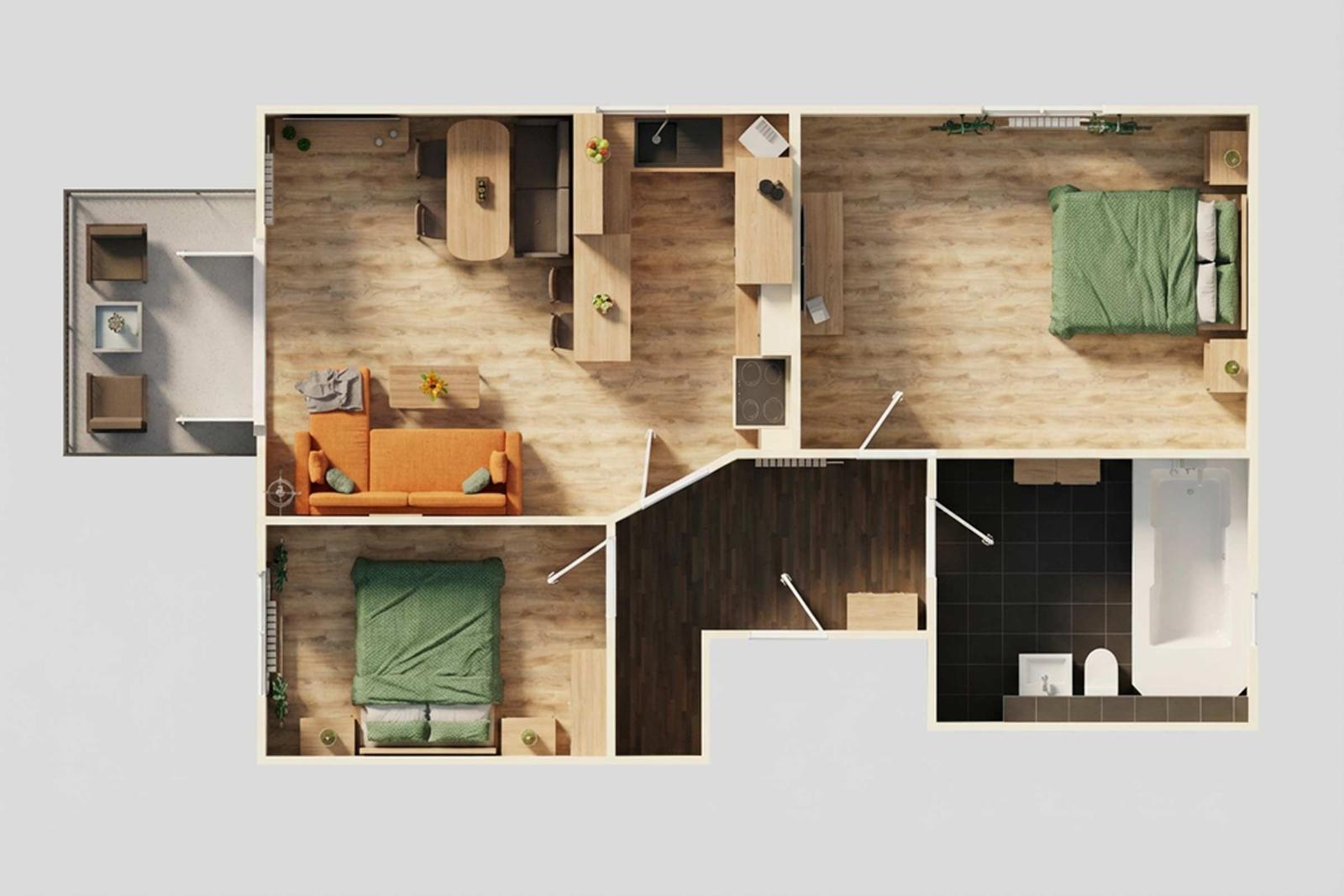 Dieses Apartment hat zwei Schlafzimmer, eine Küche, ein Bad und einen Wohnbereich mit Sofa.