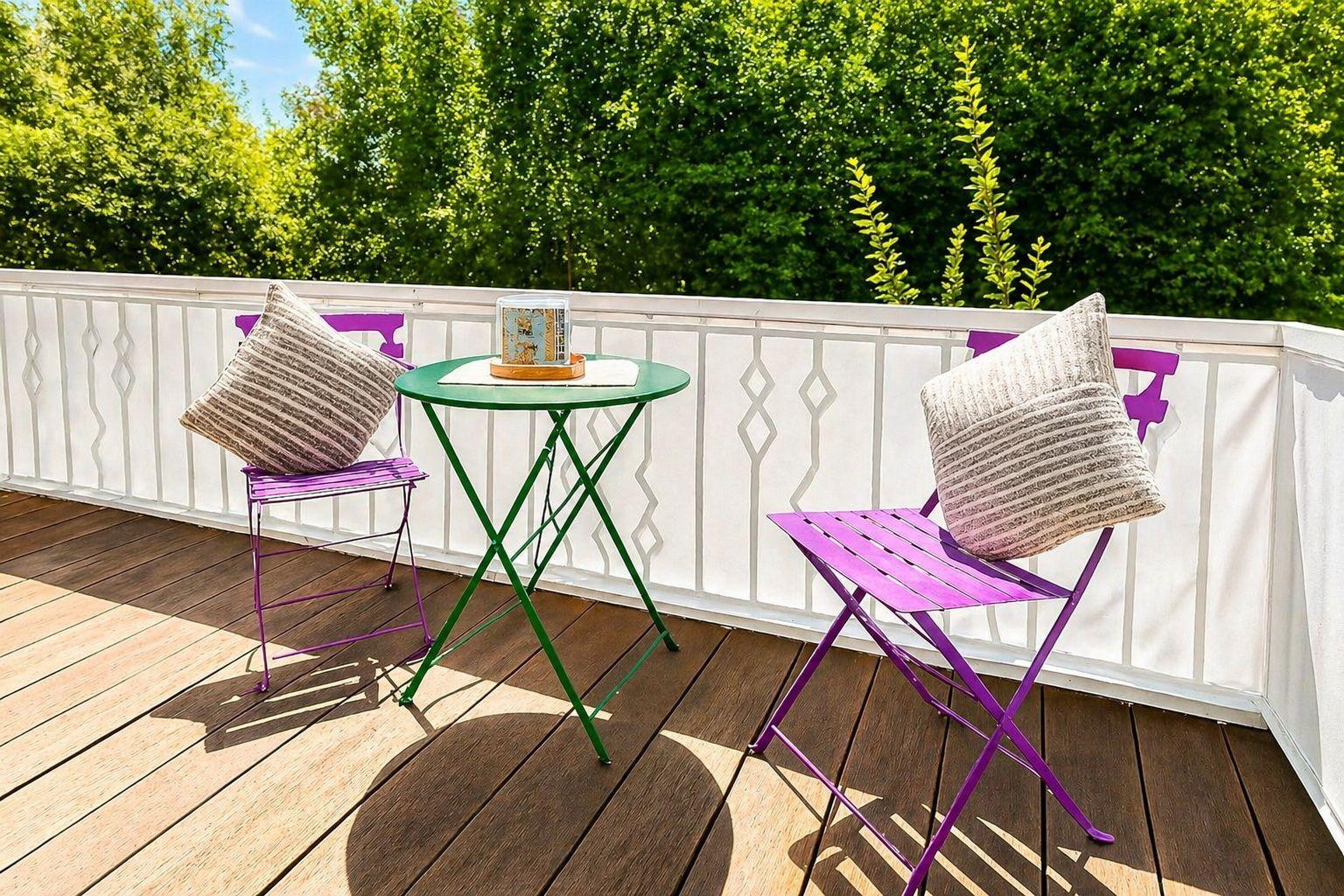 Terrasse mit grünem Tisch und zwei lila Stühlen mit Kissen.