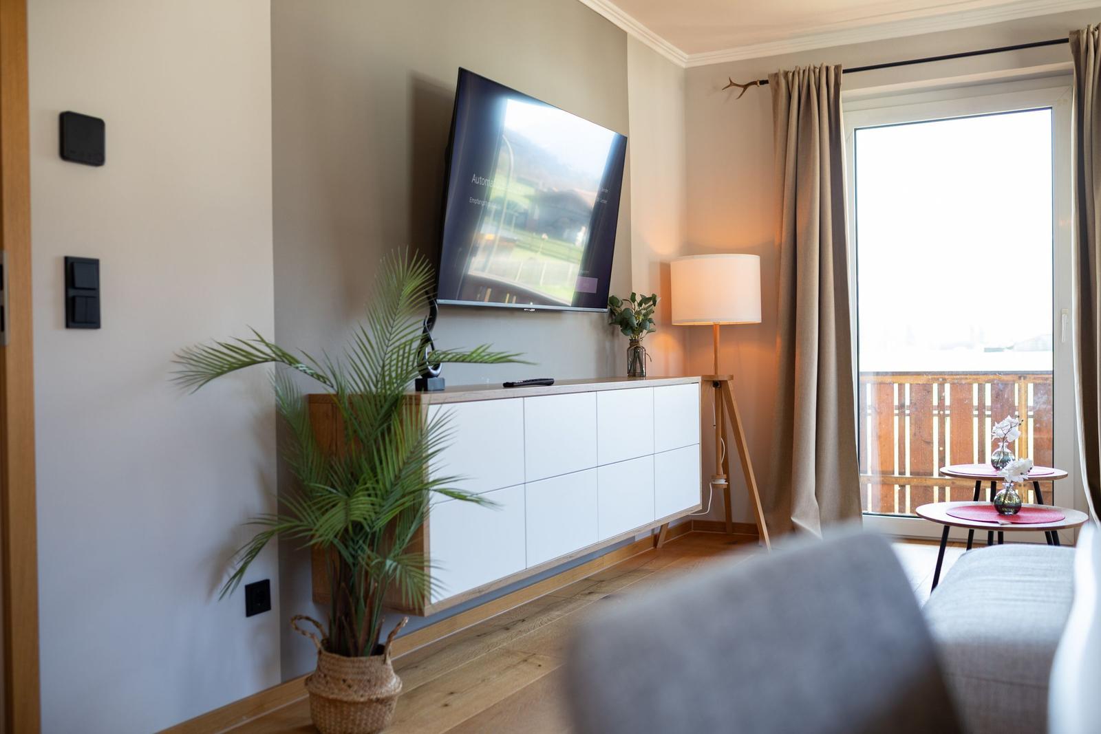 Wohnzimmer mit Fernseher, Sideboard, Pflanze und Balkonansicht.