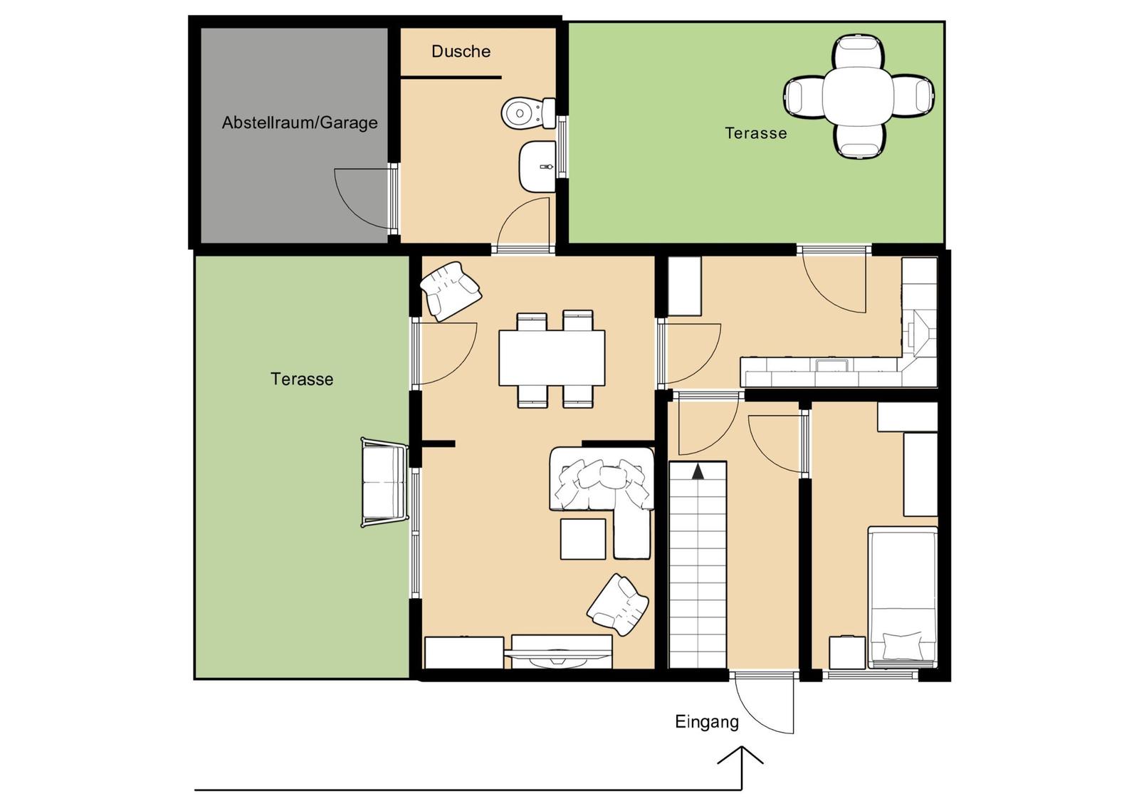 Wohnung mit Eingang, Küche, Schlafzimmer, Bad und zwei Terrassen.