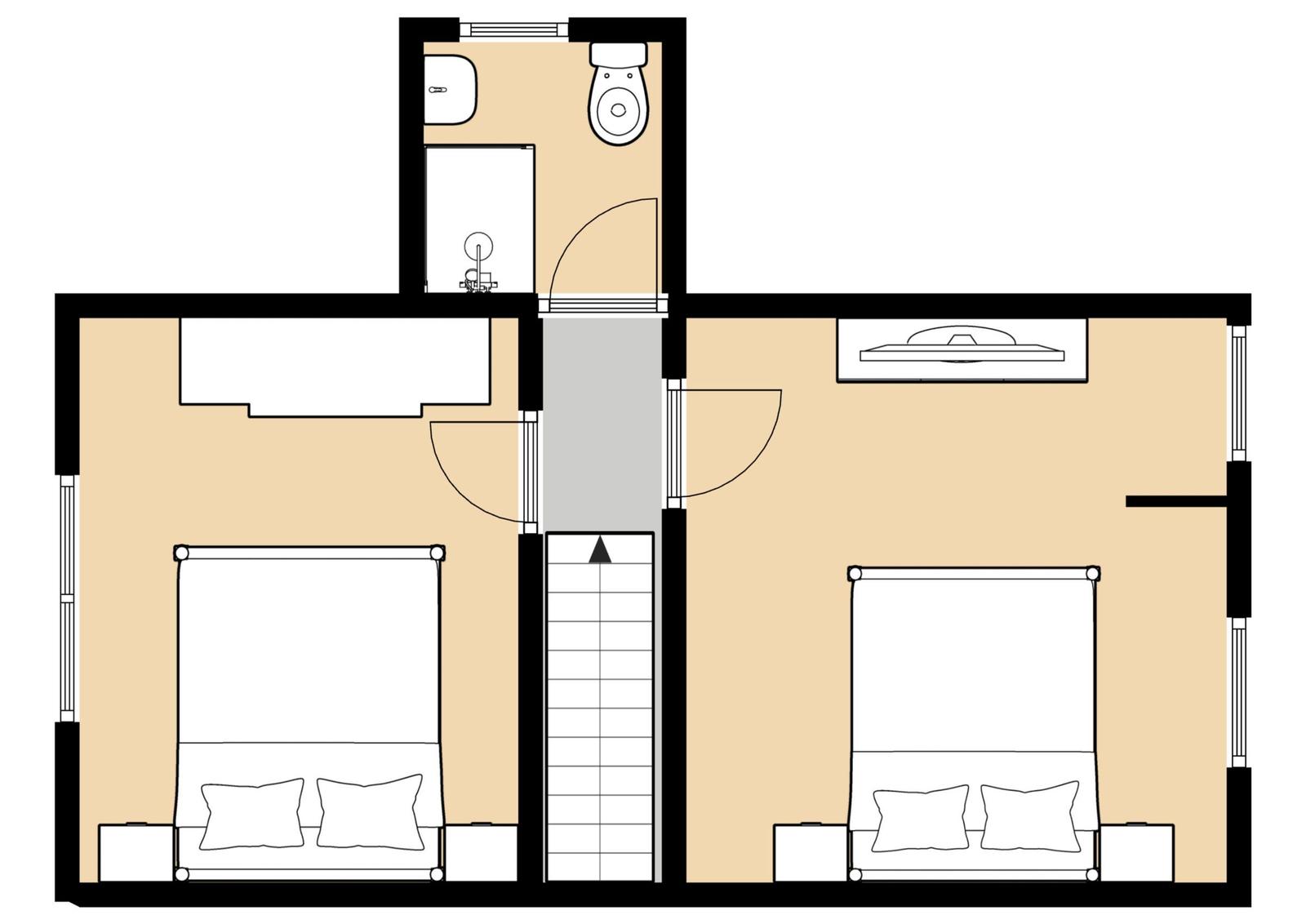 Zwei Schlafzimmer, eine Toilette und eine Treppe sind im Grundriss dargestellt.