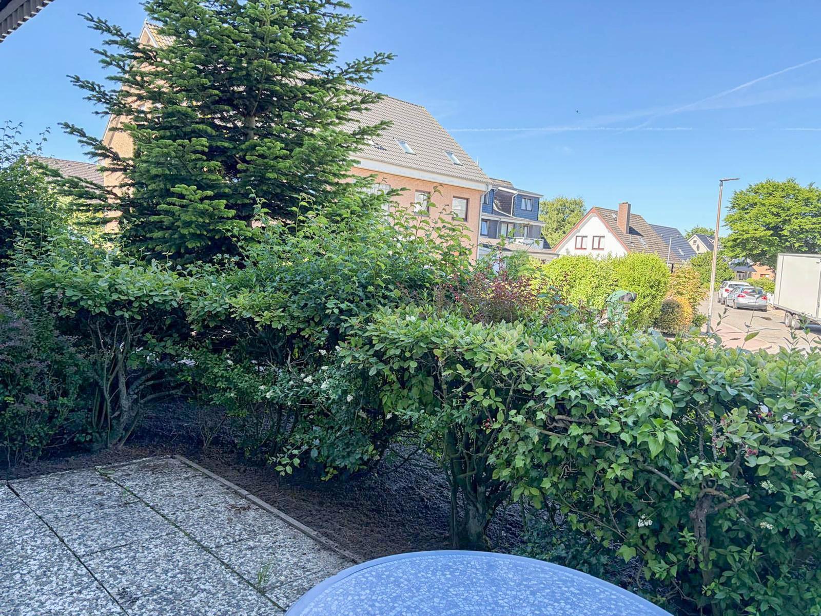Garten mit Beerensträuchern und Blick auf Wohnhäuser im Hintergrund.