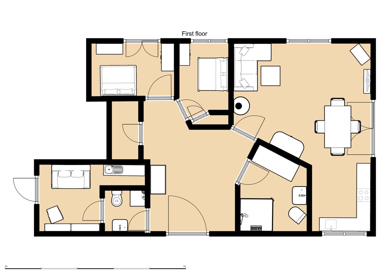 Erdgeschossplan mit Schlafzimmer, Wohnbereich, Küche und Bad.