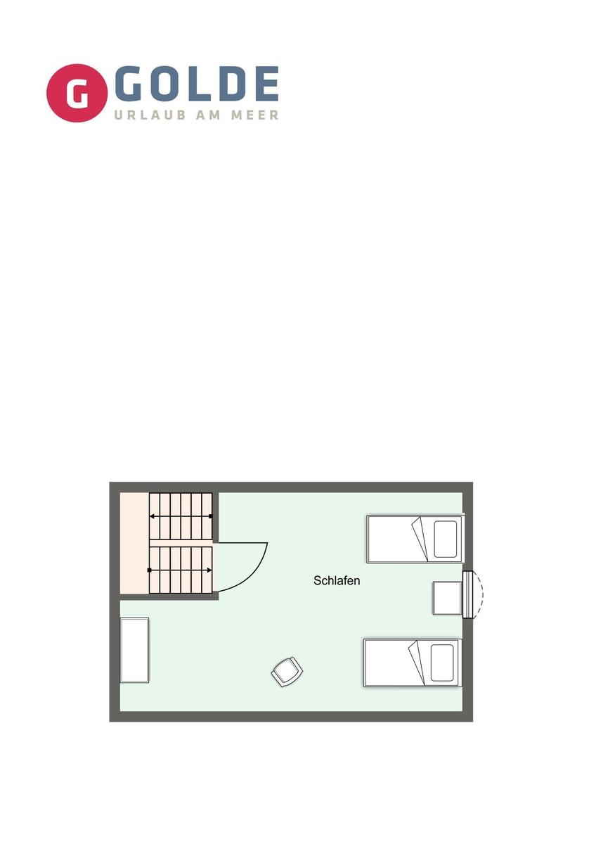 Schlafzimmer mit zwei Betten und Treppe zur oberen Etage.