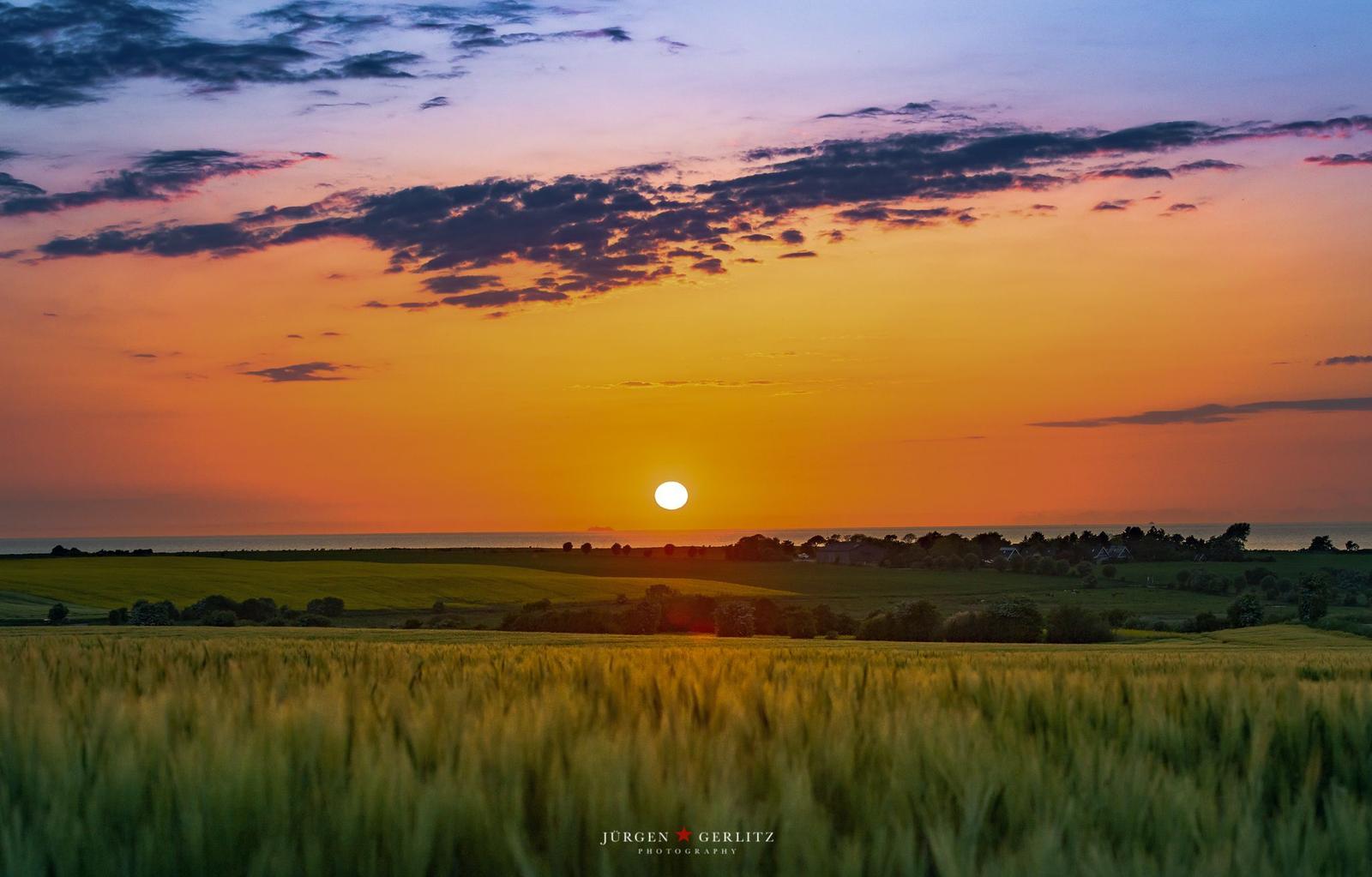 Sonnenuntergang über Feldern mit Blick auf Horizont und Himmel.