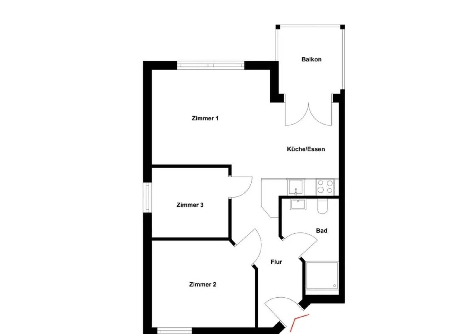 Wohnung mit drei Schlafzimmern, Küche, Bad und Balkon.