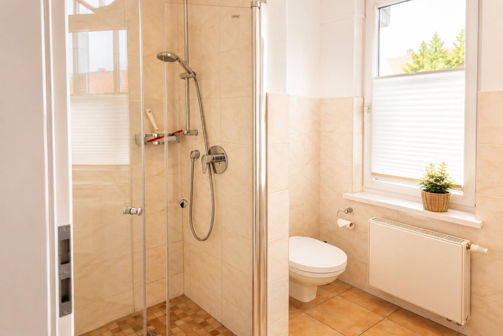 Badezimmer mit Dusche, Toilette und Fenster mit Pflanze.