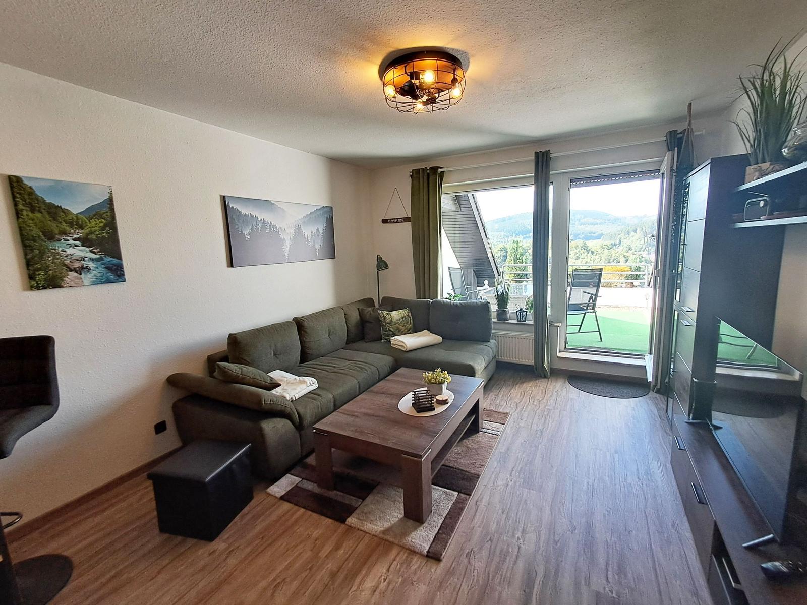 Wohnzimmer mit Sofa, Couchtisch und Blick auf Balkon. Wandbilder und Holzboden.