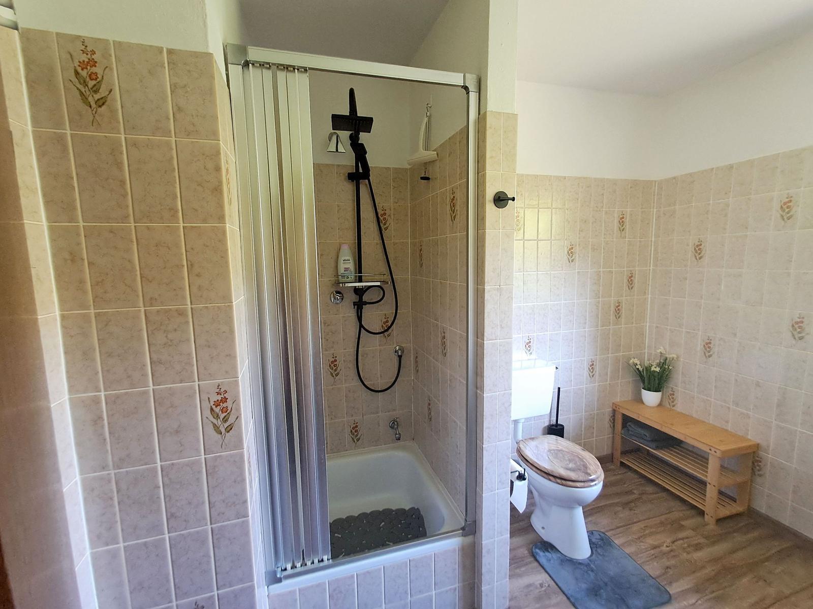 Bad mit Dusche, Toilette und Holzbank.